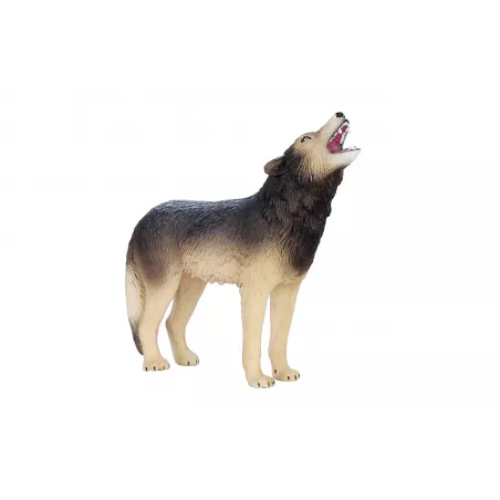 Figura realista de lobo aullador con detalles de alta calidad para decoración y coleccionistas.