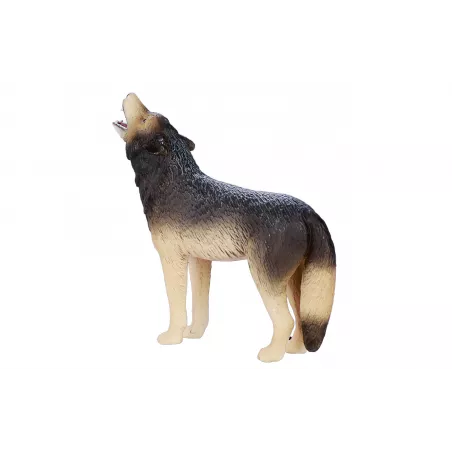 Figura realista de lobo aullador con detalles de alta calidad para decoración y coleccionistas.