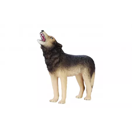 Figura realista de lobo aullador con detalles de alta calidad para decoración y coleccionistas.