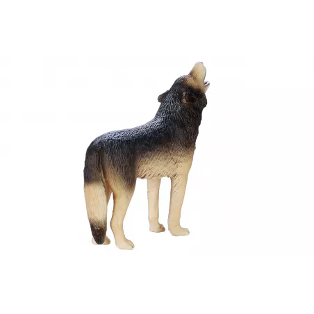 Figura realista de lobo aullador con detalles de alta calidad para decoración y coleccionistas.