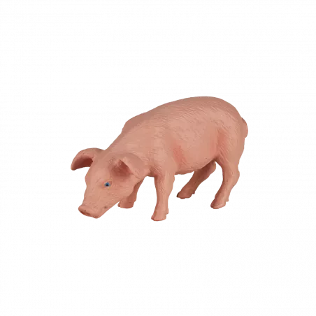 Figura decorativa de cerdito comiendo para decoración de estanterías y escritorios.