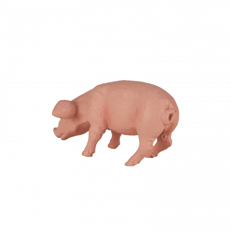 Figura decorativa de cerdito comiendo para decoración de estanterías y escritorios.