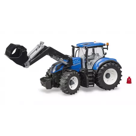 Tractor de juguete New Holland T7.315 de Bruder a escala 1:16 con pala cargadora frontal.