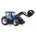 Tractor de juguete New Holland T7.315 de Bruder a escala 1:16 con pala cargadora frontal.