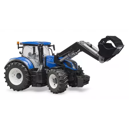 Tractor de juguete New Holland T7.315 de Bruder a escala 1:16 con pala cargadora frontal.