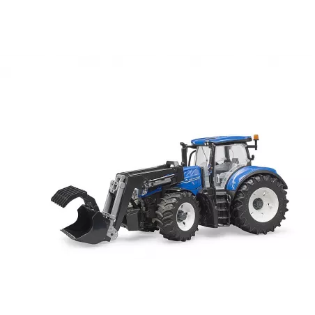 Tractor de juguete New Holland T7.315 de Bruder a escala 1:16 con pala cargadora frontal.