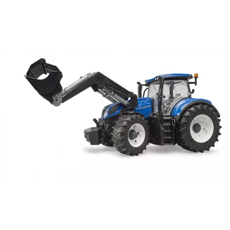 Tractor de juguete New Holland T7.315 de Bruder a escala 1:16 con pala cargadora frontal.