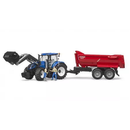 Tractor de juguete New Holland T7.315 de Bruder a escala 1:16 con pala cargadora frontal.