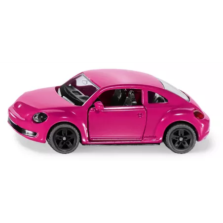 Coche de juguete VW Escarabajo rosa con pegatinas de flores de colores y puertas que se abren.
