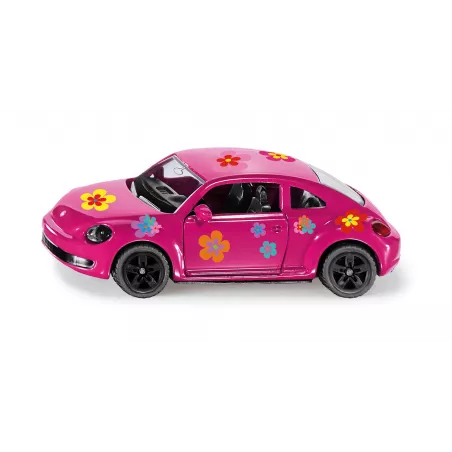 Coche de juguete VW Escarabajo rosa con pegatinas de flores de colores y puertas que se abren.