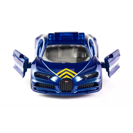 Coche de juguete Bugatti Chiron de la Gendarmería con puertas operables de metal y plástico.