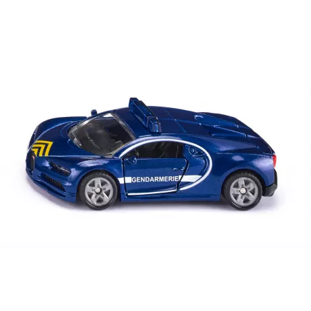 Coche de juguete Bugatti Chiron de la Gendarmería con puertas operables de metal y plástico.