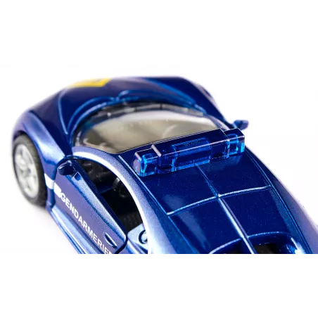 Coche de juguete Bugatti Chiron de la Gendarmería con puertas operables de metal y plástico.