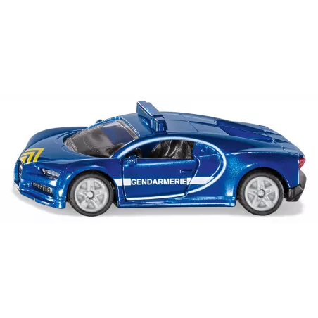 Coche de juguete Bugatti Chiron de la Gendarmería con puertas operables de metal y plástico.