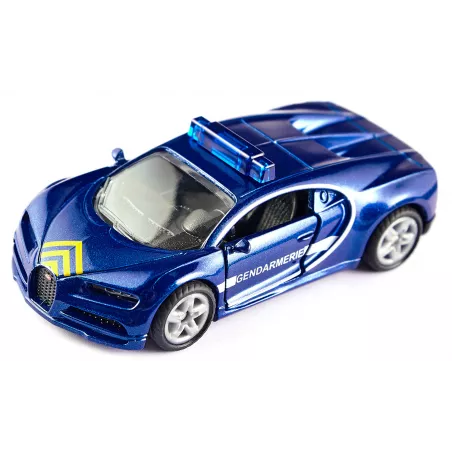Coche de juguete Bugatti Chiron de la Gendarmería con puertas operables de metal y plástico.