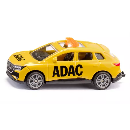 Coche de juguete Audi Q4 e-tron ADAC Pannenhilfe de Siku en metal amarillo con enganche de remolque.