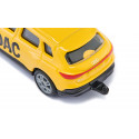 Coche de juguete Audi Q4 e-tron ADAC Pannenhilfe de Siku en metal amarillo con enganche de remolque.