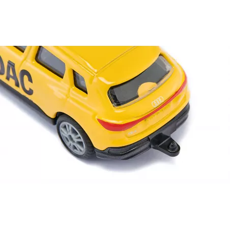 Coche de juguete Audi Q4 e-tron ADAC Pannenhilfe de Siku en metal amarillo con enganche de remolque.