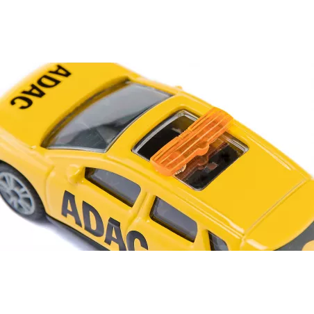 Coche de juguete Audi Q4 e-tron ADAC Pannenhilfe de Siku en metal amarillo con enganche de remolque.