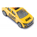 Coche de juguete Audi Q4 e-tron ADAC Pannenhilfe de Siku en metal amarillo con enganche de remolque.