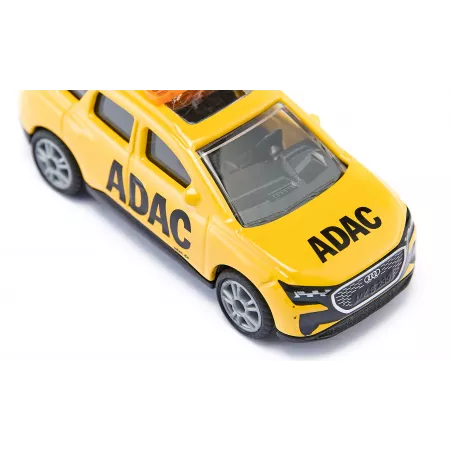 Coche de juguete Audi Q4 e-tron ADAC Pannenhilfe de Siku en metal amarillo con enganche de remolque.