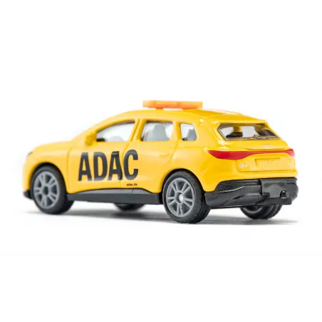 Coche de juguete Audi Q4 e-tron ADAC Pannenhilfe de Siku en metal amarillo con enganche de remolque.