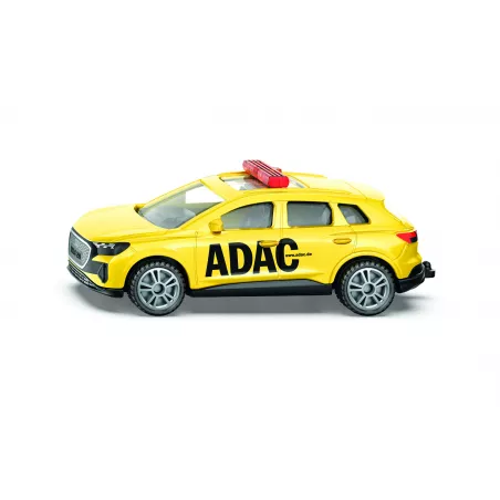 Coche de juguete Audi Q4 e-tron ADAC Pannenhilfe de Siku en metal amarillo con enganche de remolque.