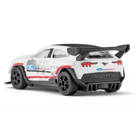 Miniatura metálica del coche eléctrico Ford Mustang Mach-E 1400 de Siku con detalles de competición.