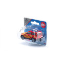 Juguete Land Rover Defender Fire Command Car de Siku, coche de bomberos miniatura en metal rojo.