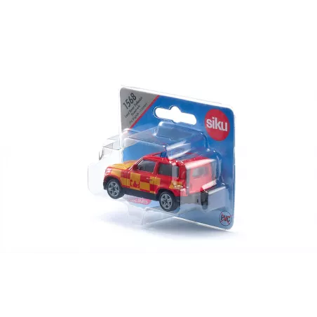 Juguete Land Rover Defender Fire Command Car de Siku, coche de bomberos miniatura en metal rojo.