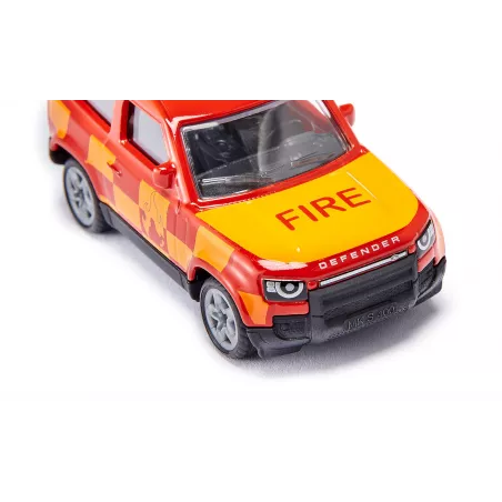 Juguete Land Rover Defender Fire Command Car de Siku, coche de bomberos miniatura en metal rojo.