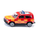 Juguete Land Rover Defender Fire Command Car de Siku, coche de bomberos miniatura en metal rojo.