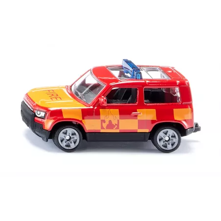 Juguete Land Rover Defender Fire Command Car de Siku, coche de bomberos miniatura en metal rojo.