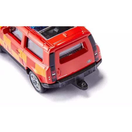 Juguete Land Rover Defender Fire Command Car de Siku, coche de bomberos miniatura en metal rojo.