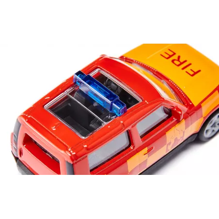 Juguete Land Rover Defender Fire Command Car de Siku, coche de bomberos miniatura en metal rojo.