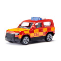Juguete Land Rover Defender Fire Command Car de Siku, coche de bomberos miniatura en metal rojo.