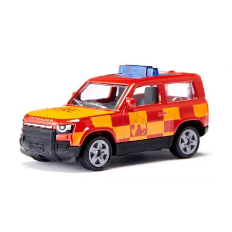 Juguete Land Rover Defender Fire Command Car de Siku, coche de bomberos miniatura en metal rojo.