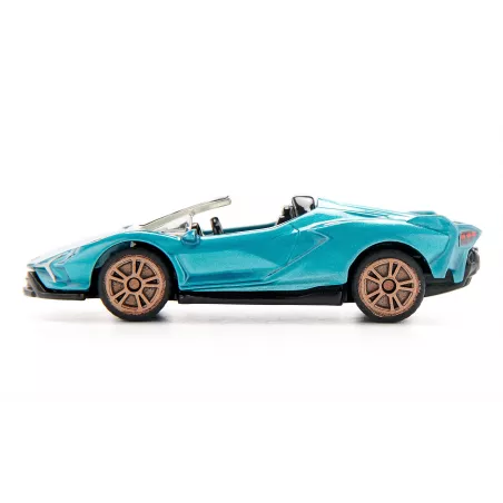 Miniatura de Lamborghini Sián Roadster turquesa con llantas doradas y techo abierto.