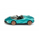 Miniatura de Lamborghini Sián Roadster turquesa con llantas doradas y techo abierto.