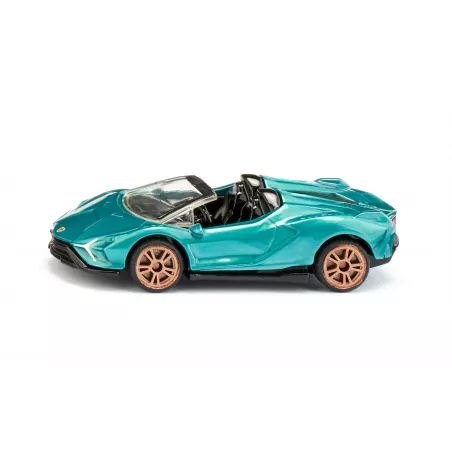 Miniatura de Lamborghini Sián Roadster turquesa con llantas doradas y techo abierto.