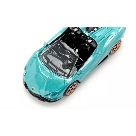 Miniatura de Lamborghini Sián Roadster turquesa con llantas doradas y techo abierto.