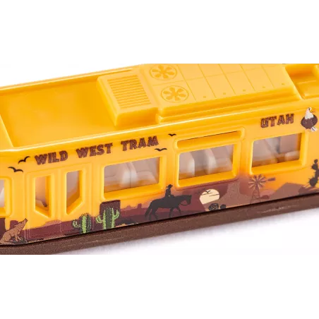 Tranvía de juguete Siku en miniatura de metal y plástico resistente para maquetas urbanas.