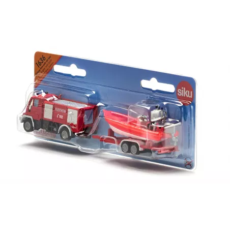 Camión de bomberos Unimog de juguete con remolque y barco flotante de metal y plástico.
