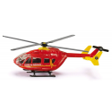 Helicóptero ambulancia de juguete en miniatura fabricado de metal y plástico resistente.