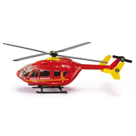 Helicóptero ambulancia de juguete en miniatura fabricado de metal y plástico resistente.