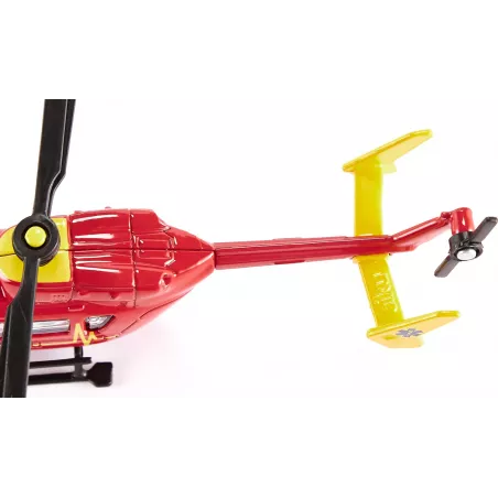 Helicóptero ambulancia de juguete en miniatura fabricado de metal y plástico resistente.
