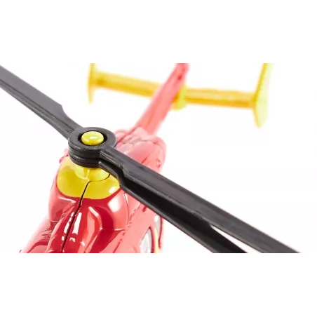 Helicóptero ambulancia de juguete en miniatura fabricado de metal y plástico resistente.