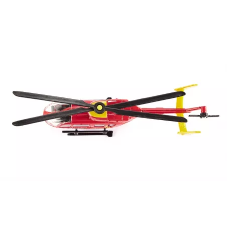 Helicóptero ambulancia de juguete en miniatura fabricado de metal y plástico resistente.