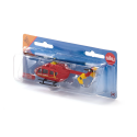 Helicóptero ambulancia de juguete en miniatura fabricado de metal y plástico resistente.