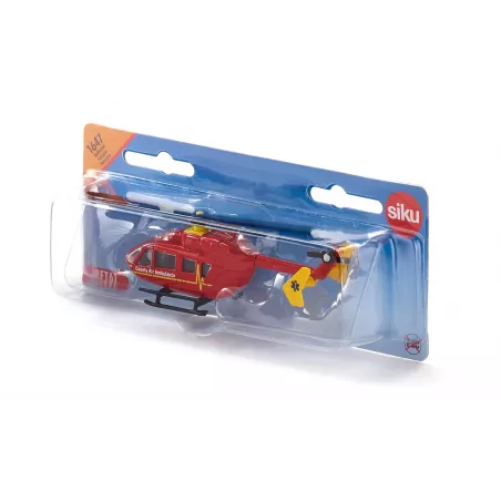Helicóptero ambulancia de juguete en miniatura fabricado de metal y plástico resistente.